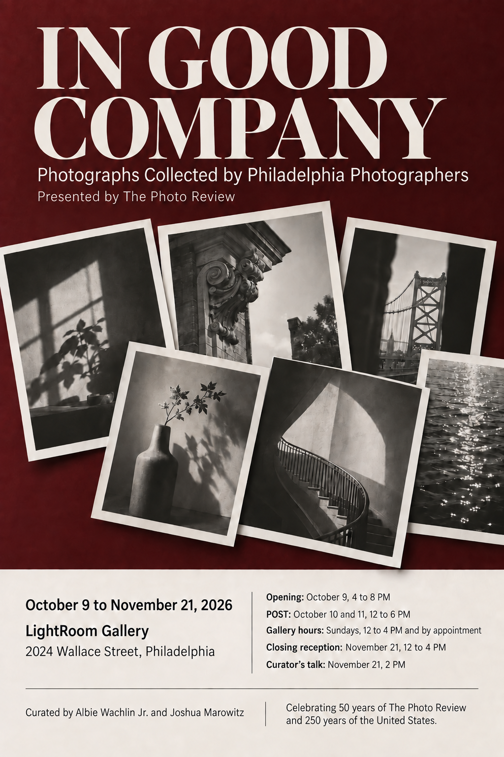 In Good Company exhibition poster with a conceptual collage of photographic prints. Full exhibition and event details appear below.